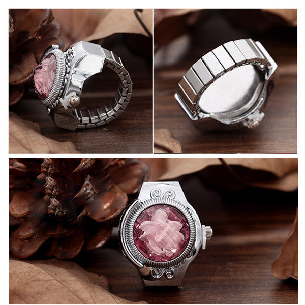 Fashion Rhinestone Ring Clock Silver Plated Rhombus